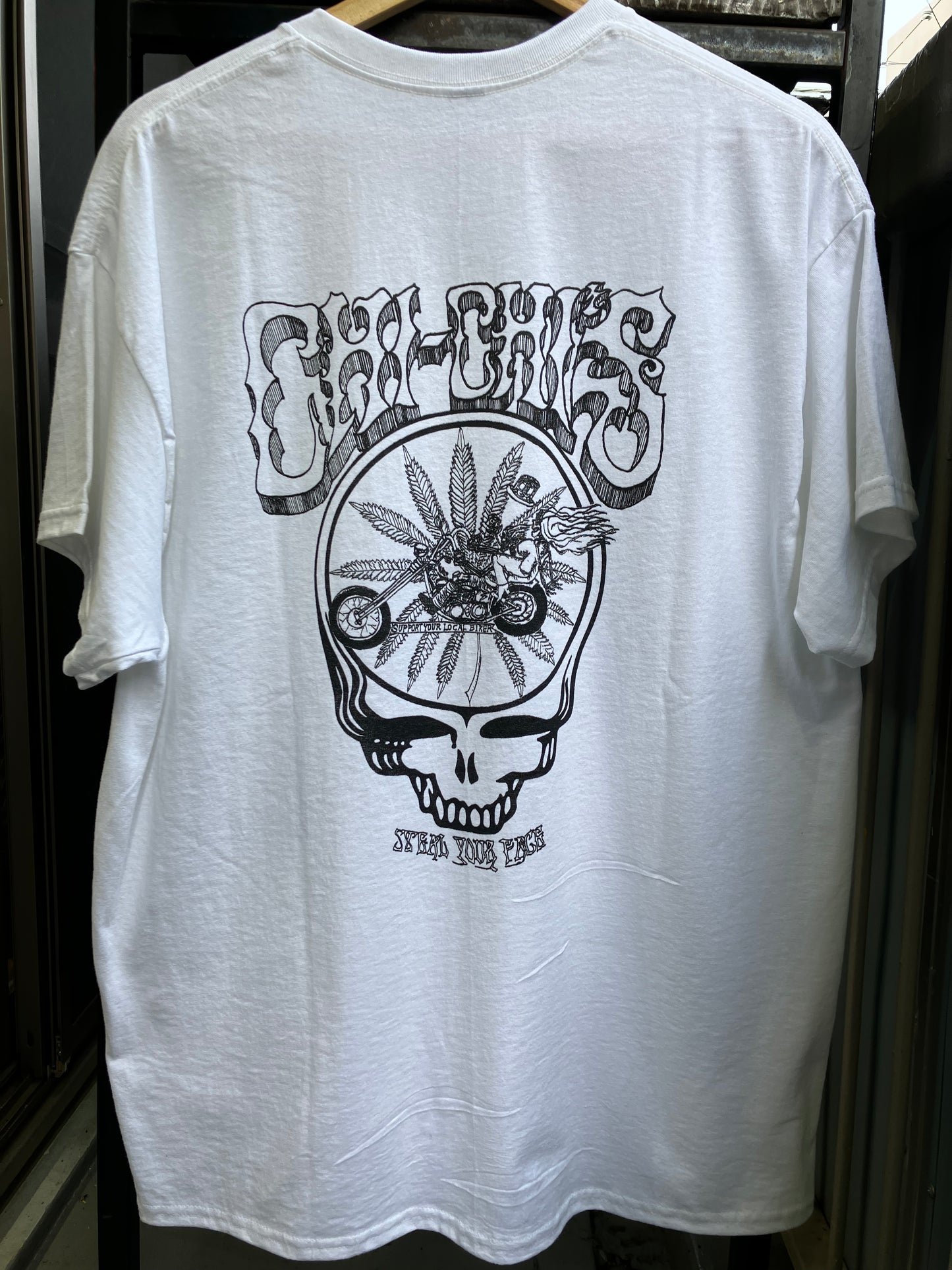 Hippie Biker in ShakedownStreet White T-Shirt