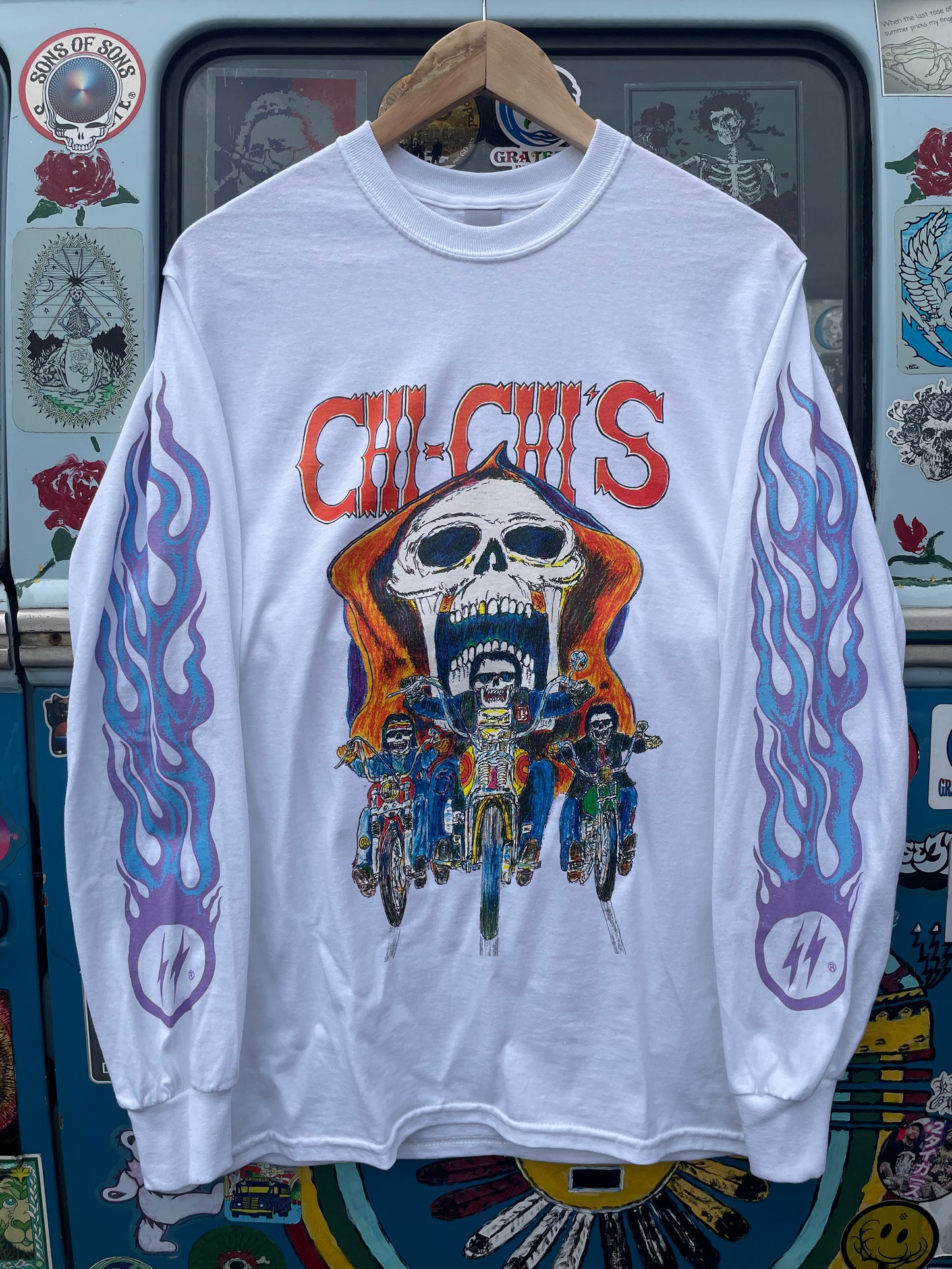 Hippie Biker White Long Sleeve T-Shirt (Blue)