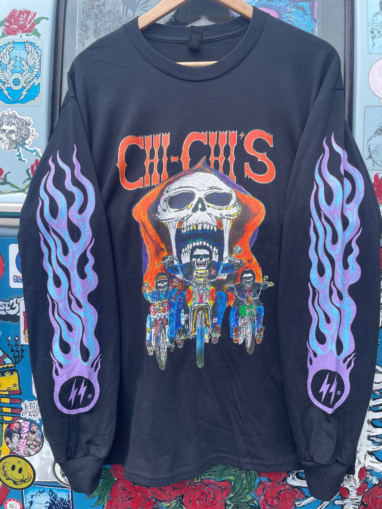 Hippie Biker Black Long Sleeve T-Shirt (Blue)