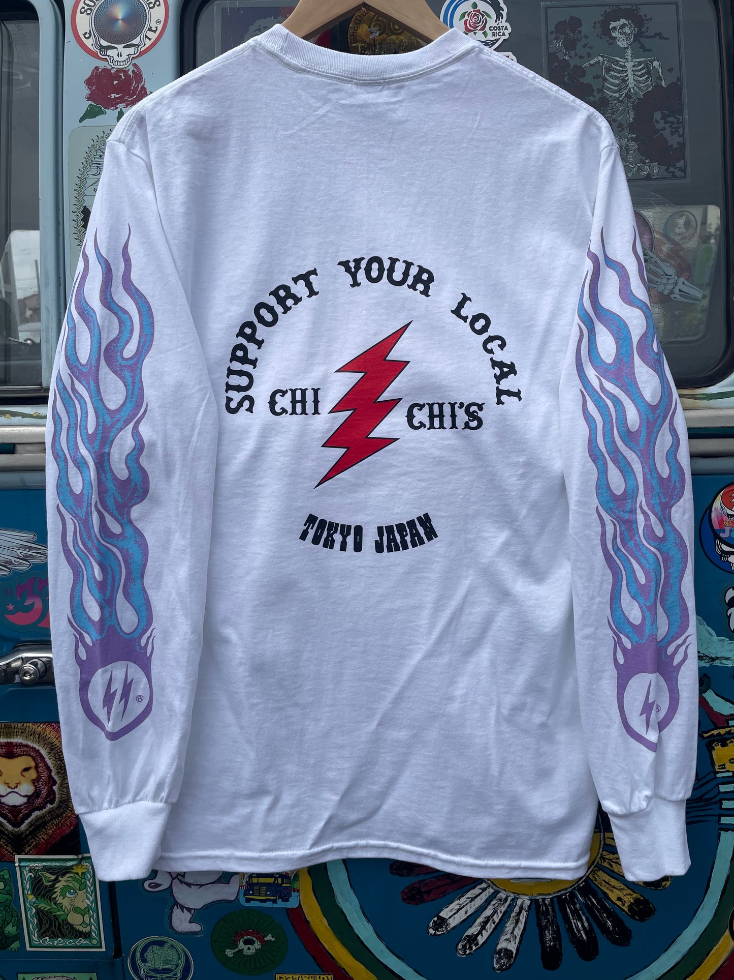 Hippie Biker White Long Sleeve T-Shirt (Blue)